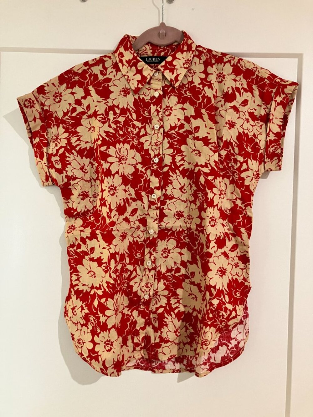 NWT Lauren Ralph Lauren Floral Linen Button Front Shirt Red Tan Size S - Picture 5 of 7